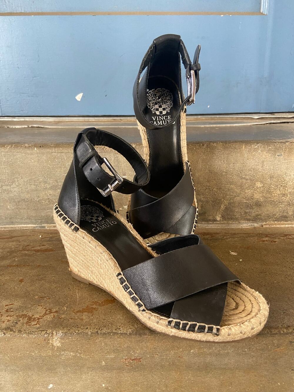 Vince Camuto Layann black leather cross strap wedge espadrille w/ ankle strap